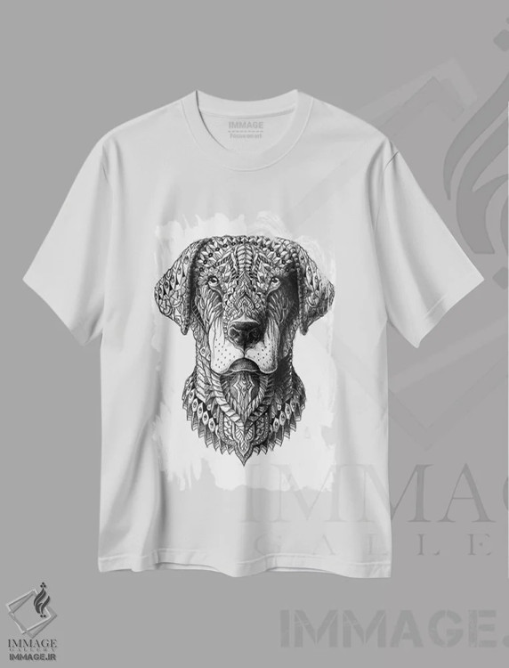 تیشرت سفید طرح دار لبرادور، نقاشی و تصویرگری سیاه و سفید اثر بیوورکز | immage.ir