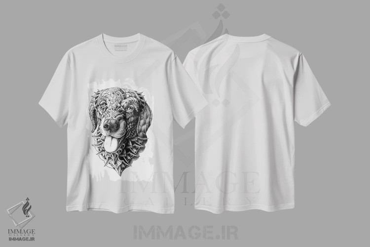 تیشرت سفید طرح دار گلدن ریتریور، نقاشی و تصویرگری سیاه و سفید اثر بیوورکز | immage.ir