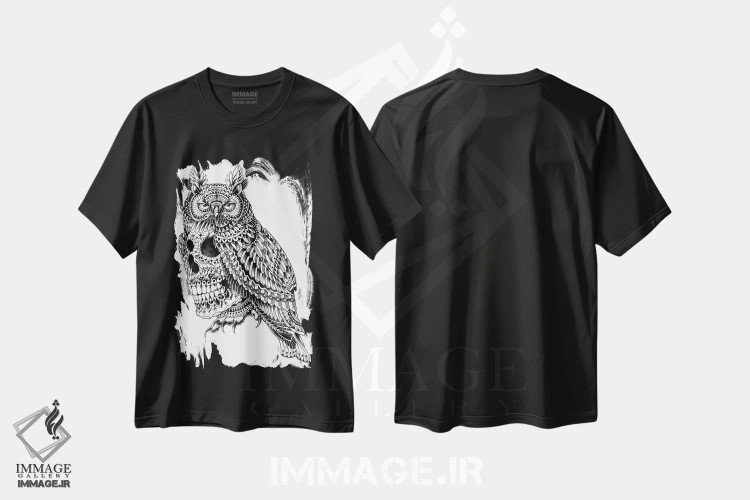 تیشرت مشکی طرح دار جمجمه با شاخ بزرگ، نقاشی و تصویرگری سیاه و سفید اثر بیوورکز | immage.ir
