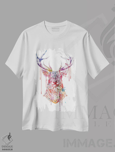 تیشرت سفید طرح دار گوزن نر تزیینی رنگی شماره ۱، دست نقاشی و طراحی دستی اثر بیوورکز | فروشگاه ایماژ