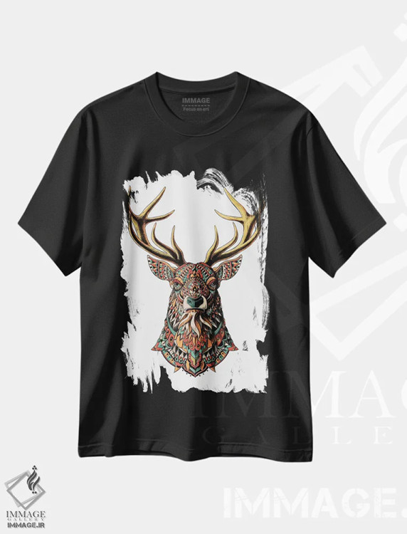 تیشرت مشکی طرح دار گوزن نر تزیینی رنگی شماره ۲، دست نقاشی و طراحی دستی اثر بیوورکز | فروشگاه ایماژ