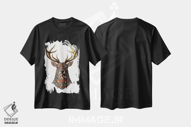 تیشرت مشکی طرح دار گوزن نر تزیینی رنگی شماره ۲، دست نقاشی و طراحی دستی اثر بیوورکز | فروشگاه ایماژ