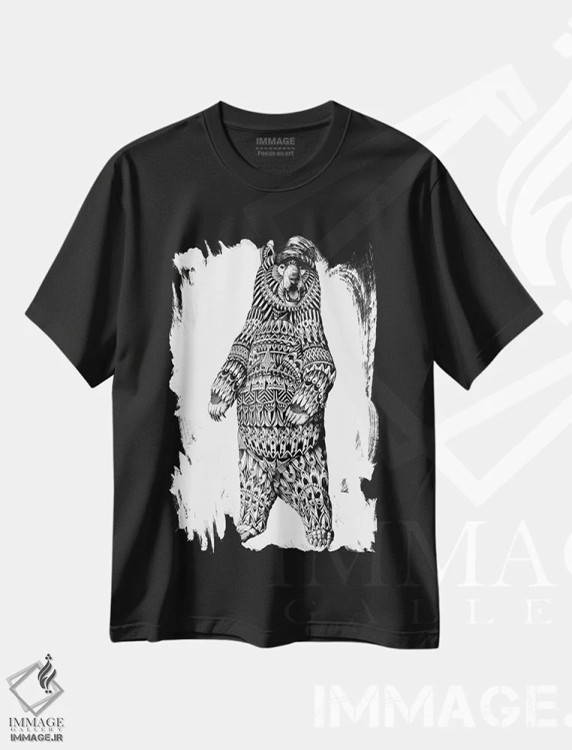 تیشرت مشکی طرح دار خرس گریزلی تزیینی، نقاشی و تصویرگری سیاه و سفید اثر بیوورکز | immage.ir