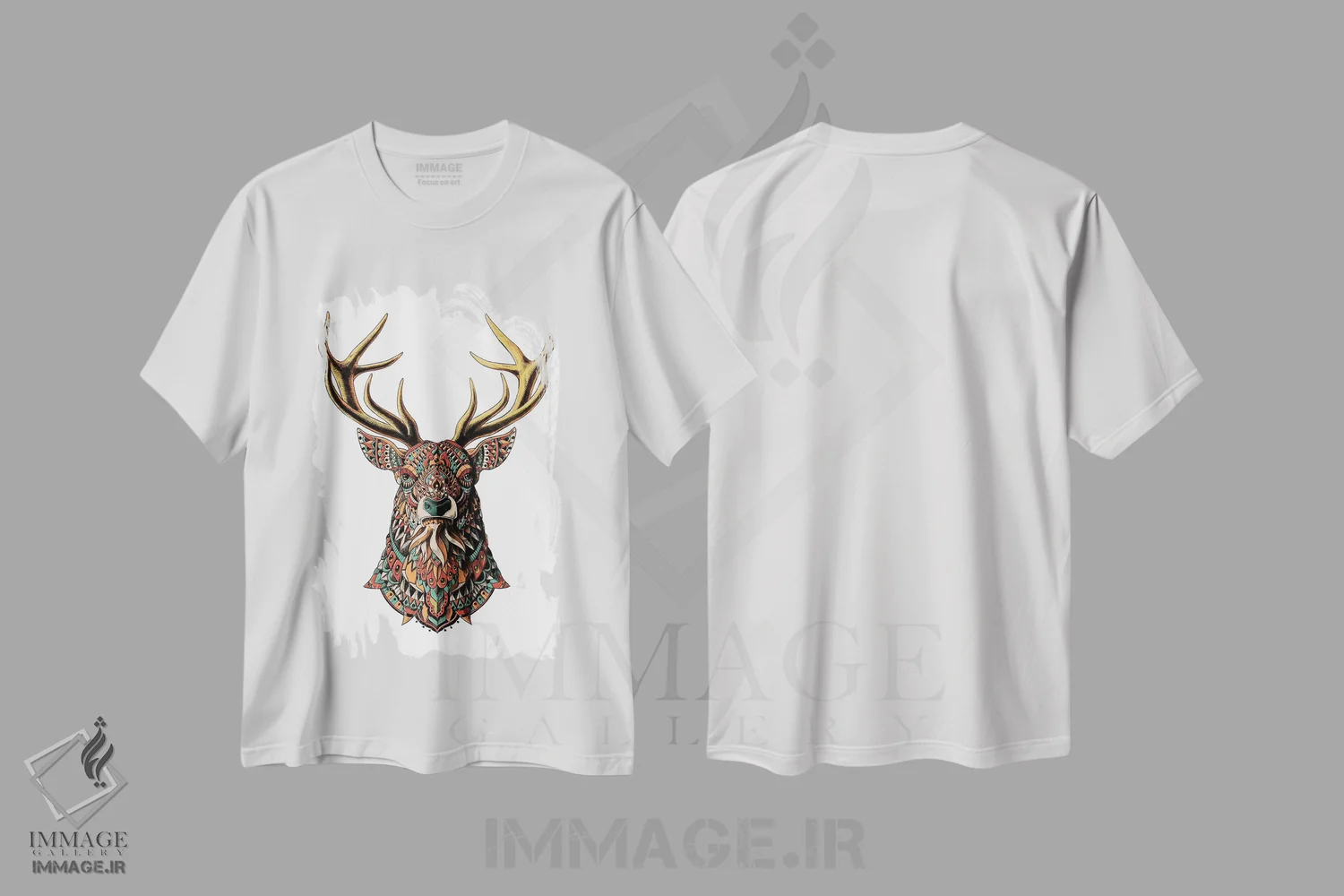 تیشرت سفید طرح دار گوزن نر تزیینی رنگی شماره ۲، دست نقاشی و طراحی دستی اثر بیوورکز | immage.ir