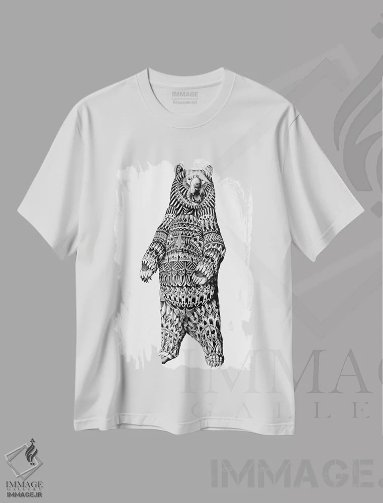 تیشرت سفید طرح دار خرس گریزلی تزیینی، نقاشی و تصویرگری سیاه و سفید اثر بیوورکز | فروشگاه ایماژ