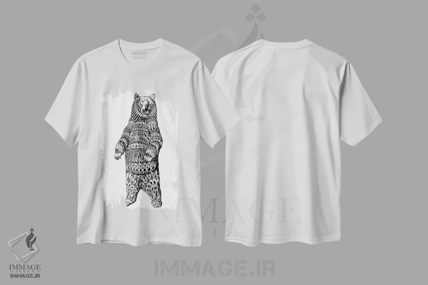 تیشرت سفید طرح دار خرس گریزلی تزیینی، نقاشی و تصویرگری سیاه و سفید اثر بیوورکز | فروشگاه ایماژ
