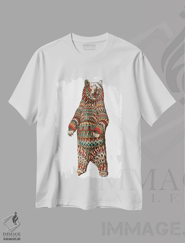 تیشرت سفید طرح دار خرس گریزلی تزیینی رنگی شماره ۱، دست نقاشی و طراحی دستی اثر بیوورکز | immage.ir