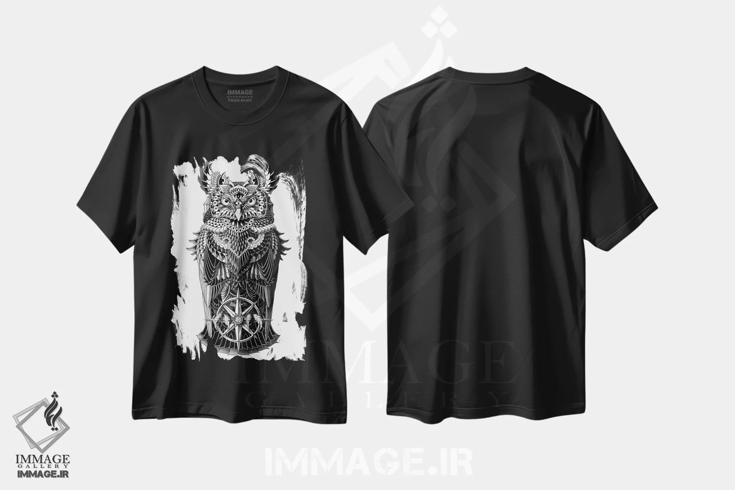 تیشرت مشکی طرح دار جغد شاخدار بزرگ، نقاشی و تصویرگری سیاه و سفید اثر بیوورکز | فروشگاه ایماژ