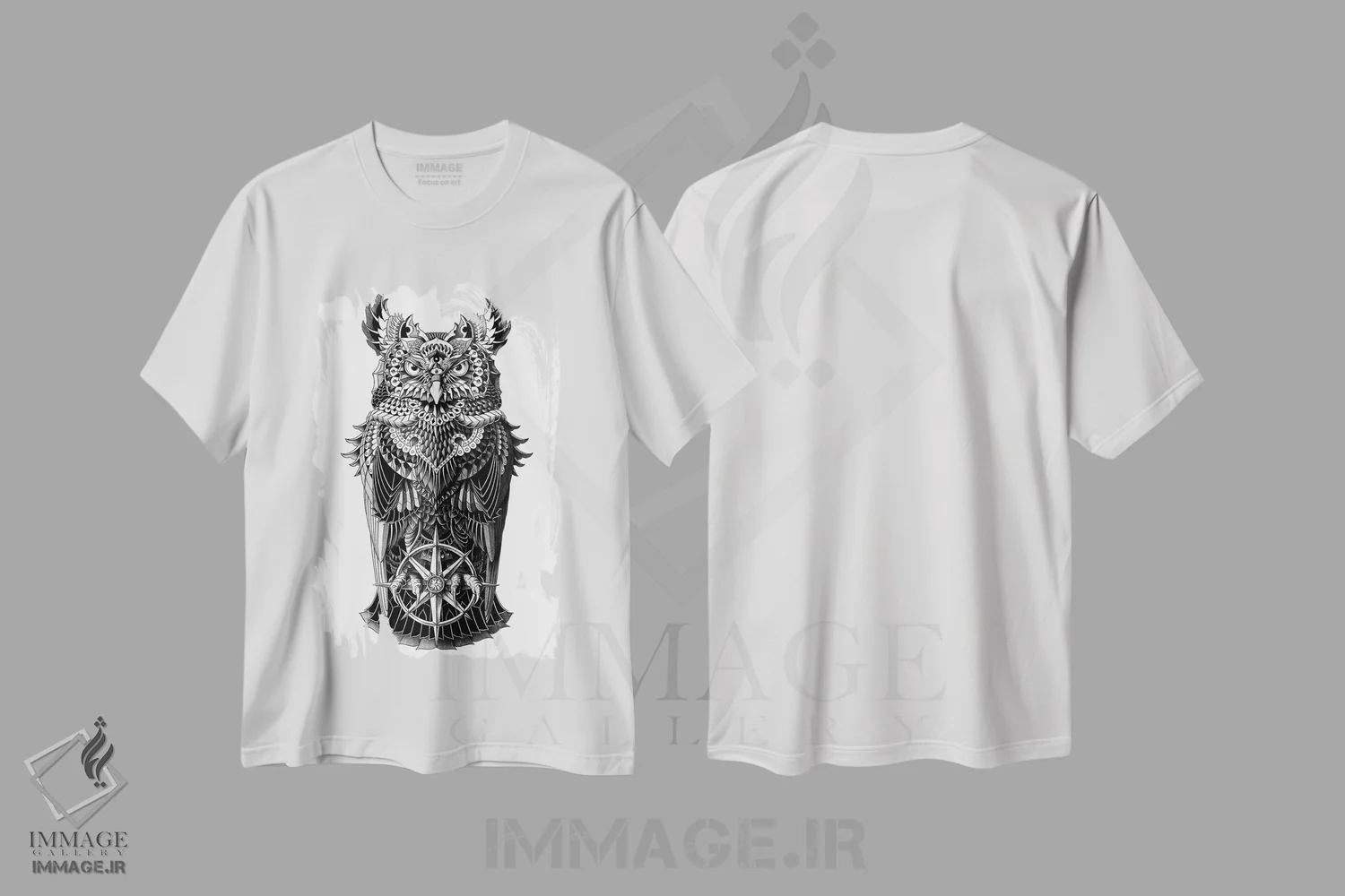 تیشرت سفید طرح دار جغد شاخدار بزرگ، نقاشی و تصویرگری سیاه و سفید اثر بیوورکز | immage.ir