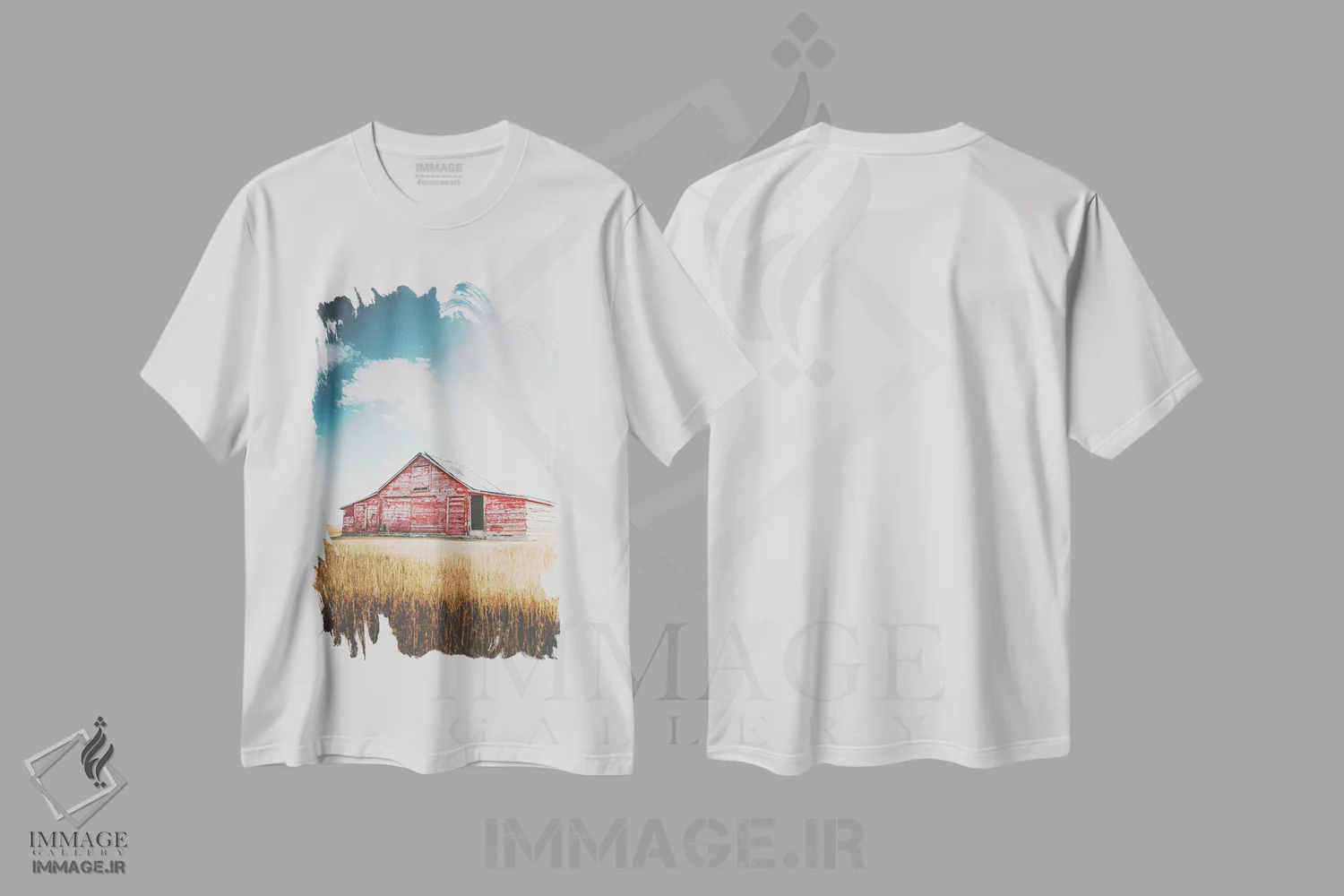 تیشرت سفید طرح دار بازسازی، دکور روستایی اثر آنی بیلی آرت | فروشگاه ایماژ