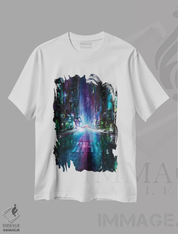 تیشرت سفید طرح دار زمان نئون، آبستره اثر بُژنا فوخس | فروشگاه ایماژ