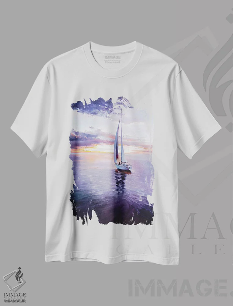 تیشرت سفید طرح دار قایقرانی در غروب رنگارنگ، هنر فاخر معاصر اثر بُژنا فوخس | immage.ir