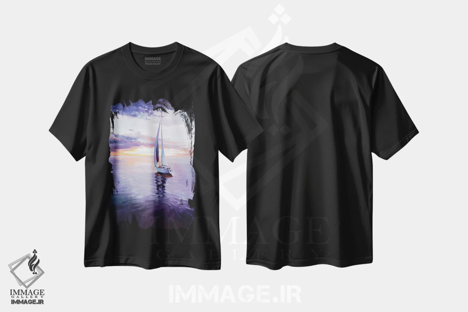 تیشرت مشکی طرح دار قایقرانی در غروب رنگارنگ، هنر فاخر معاصر اثر بُژنا فوخس | فروشگاه ایماژ