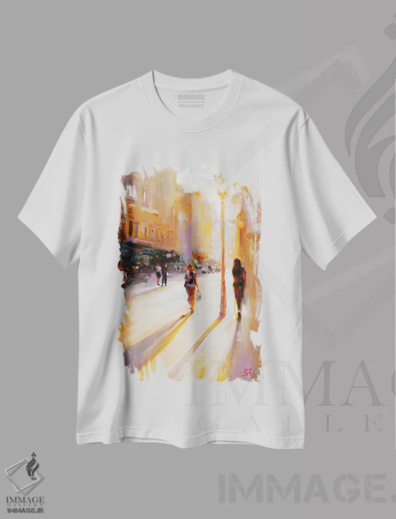تیشرت سفید طرح دار روز آفتابی در پراگ، هنر فاخر معاصر اثر بُژنا فوخس | فروشگاه ایماژ