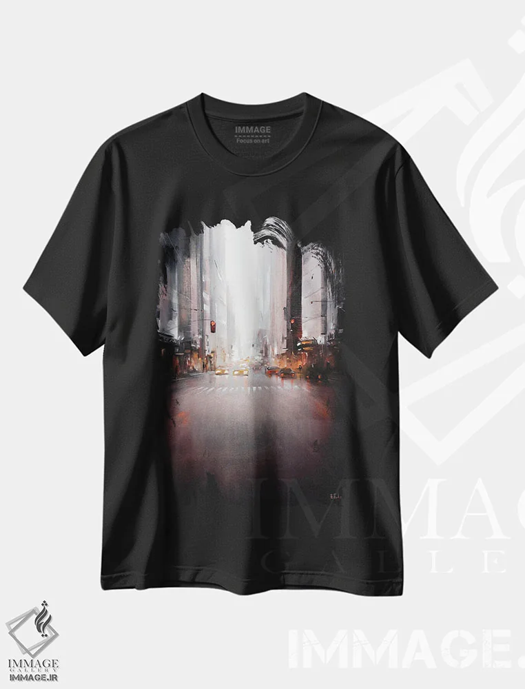 تیشرت مشکی طرح دار لحظه ای از خیابان، آبستره اثر بُژنا فوخس | فروشگاه ایماژ
