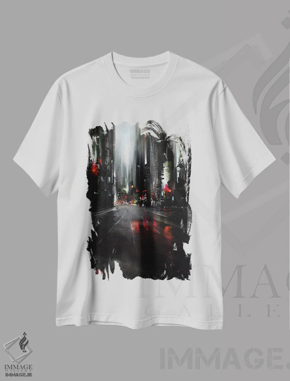 تیشرت سفید طرح دار شهر در شب، آبستره اثر بُژنا فوخس | فروشگاه ایماژ