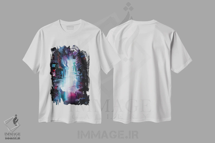 تیشرت سفید طرح دار حال و هوای نئون، آبستره اثر بُژنا فوخس | فروشگاه ایماژ