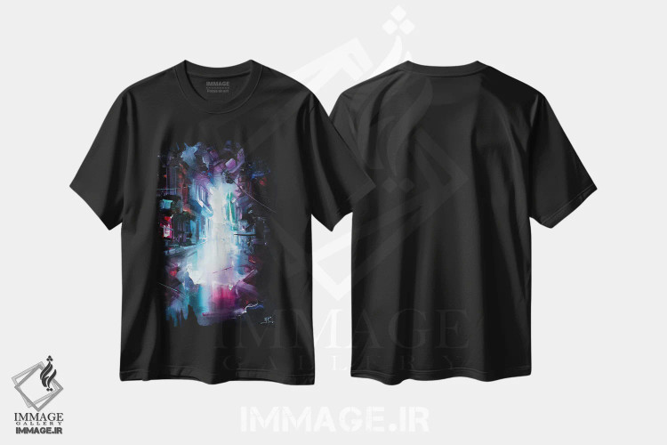تیشرت مشکی طرح دار حال و هوای نئون، آبستره اثر بُژنا فوخس | immage.ir