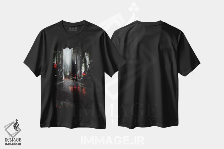 تیشرت مشکی طرح دار شهر در شب، آبستره اثر بُژنا فوخس | immage.ir