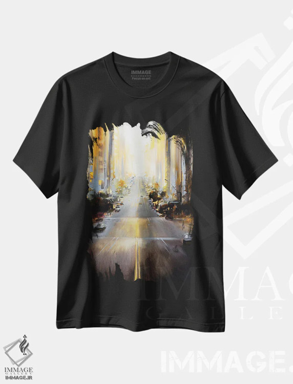 تیشرت مشکی طرح دار طلوع آفتاب بر فراز شهر، آبستره اثر بُژنا فوخس | فروشگاه ایماژ