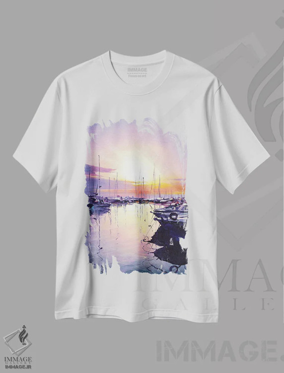 تیشرت سفید طرح دار طلوع آفتاب بر دریای آدریاتیک، آبستره اثر بُژنا فوخس | فروشگاه ایماژ
