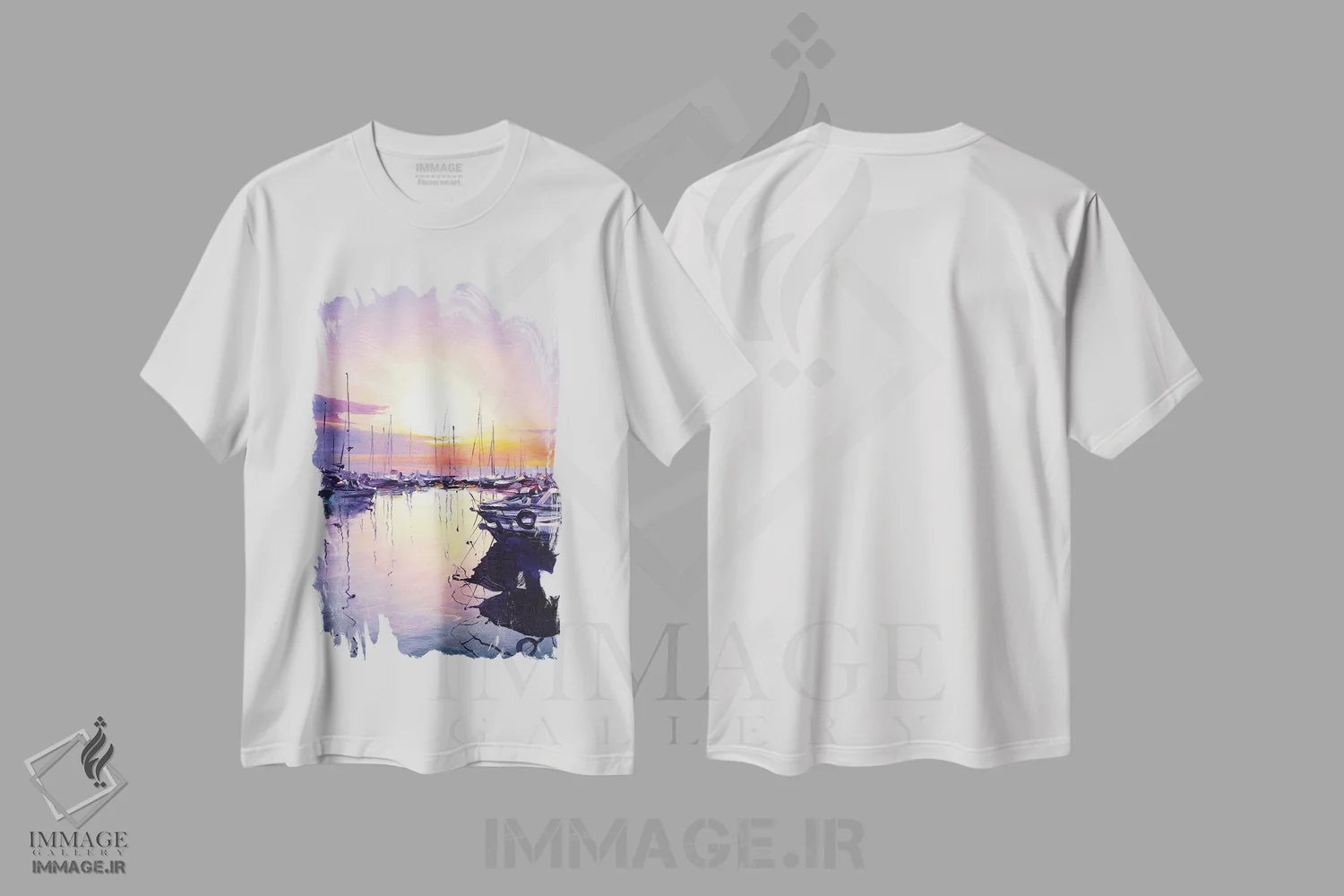 تیشرت سفید طرح دار طلوع آفتاب بر دریای آدریاتیک، آبستره اثر بُژنا فوخس | فروشگاه ایماژ