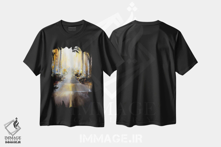 تیشرت مشکی طرح دار طلوع آفتاب بر فراز شهر، آبستره اثر بُژنا فوخس | فروشگاه ایماژ