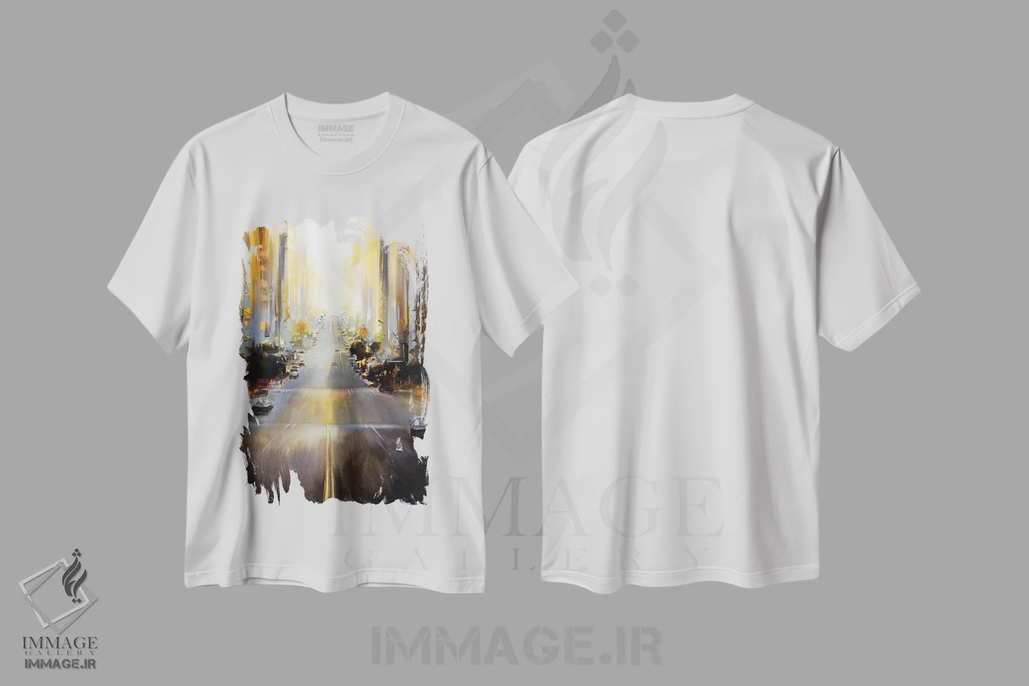 تیشرت سفید طرح دار طلوع آفتاب بر فراز شهر، آبستره اثر بُژنا فوخس | immage.ir