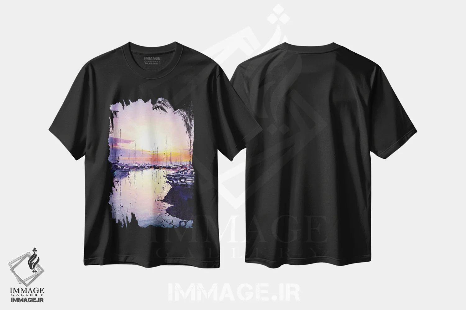 تیشرت مشکی طرح دار طلوع آفتاب بر دریای آدریاتیک، آبستره اثر بُژنا فوخس | immage.ir