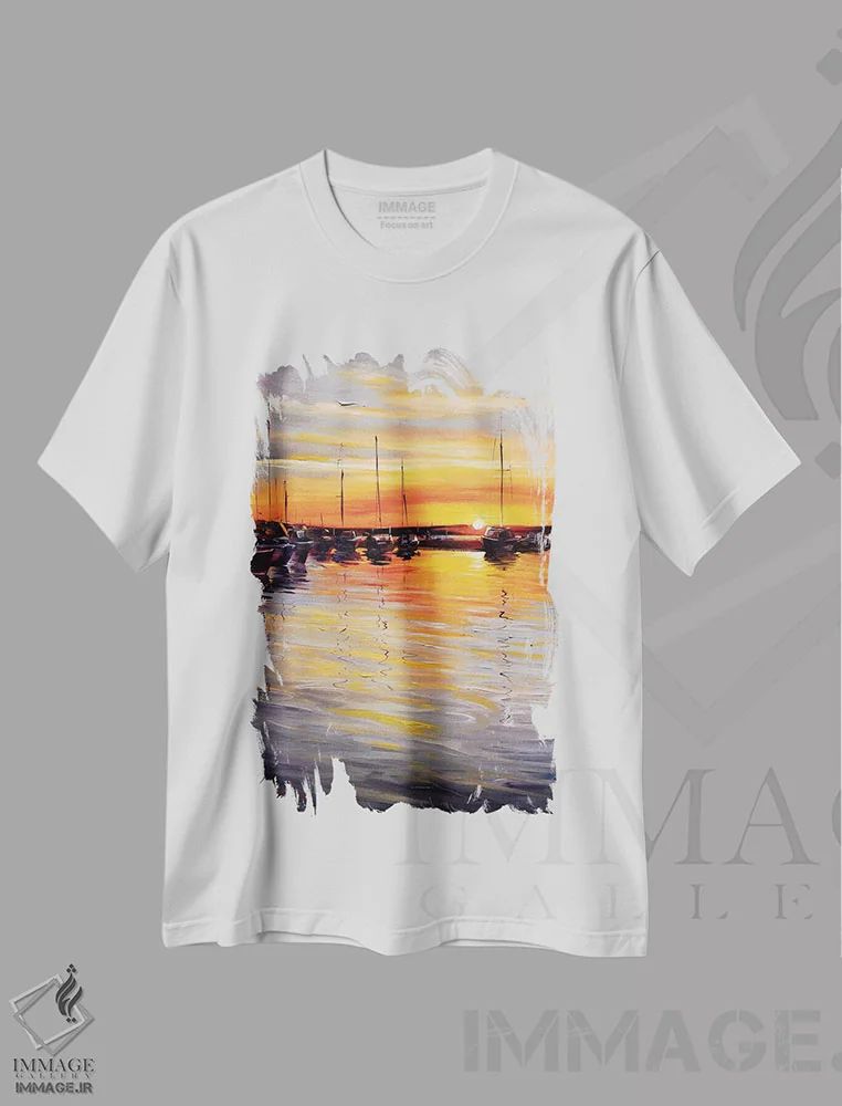 تیشرت سفید طرح دار غروب پاییزی، آبستره اثر بُژنا فوخس | فروشگاه ایماژ