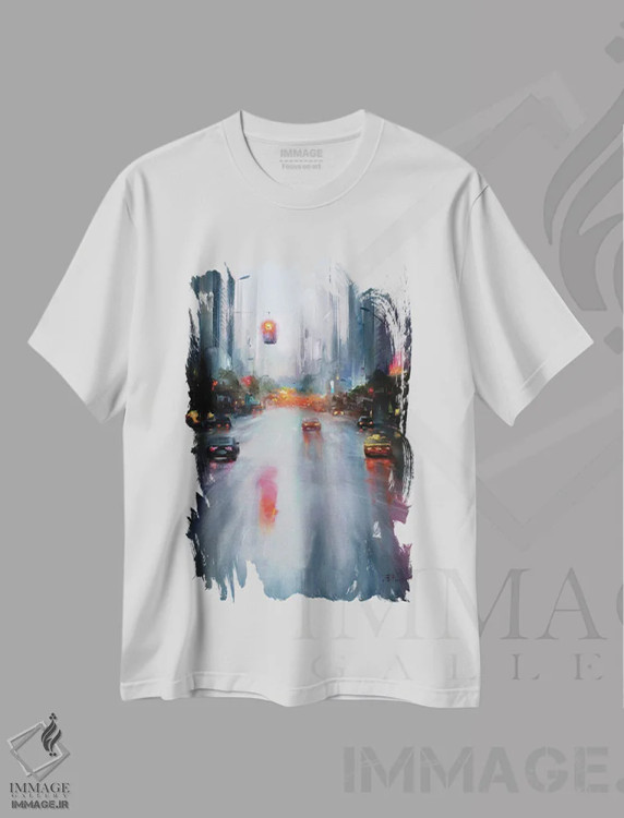 تیشرت سفید طرح دار روز بارانی، آبستره اثر بُژنا فوخس | فروشگاه ایماژ