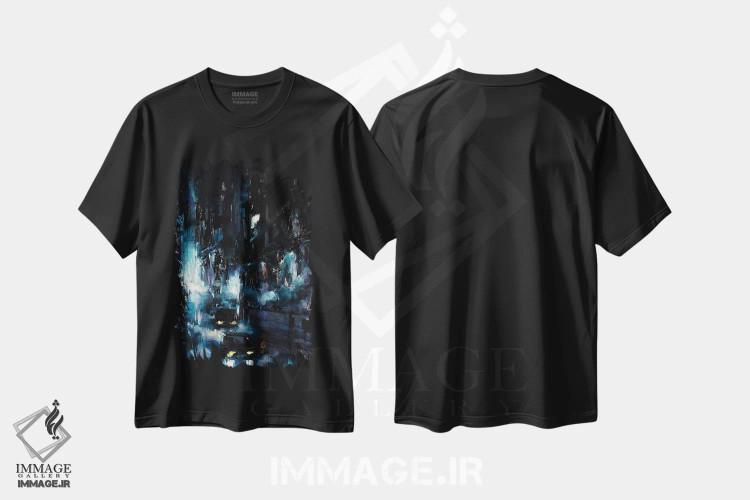 تیشرت مشکی طرح دار چشم انداز خیابان های شهر، هنر فاخر معاصر اثر بُژنا فوخس | immage.ir