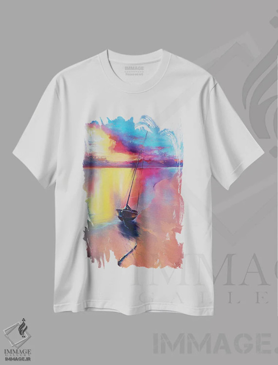 تیشرت سفید طرح دار غروب در کنار دریا، تزئینی اثر بُژنا فوخس | immage.ir