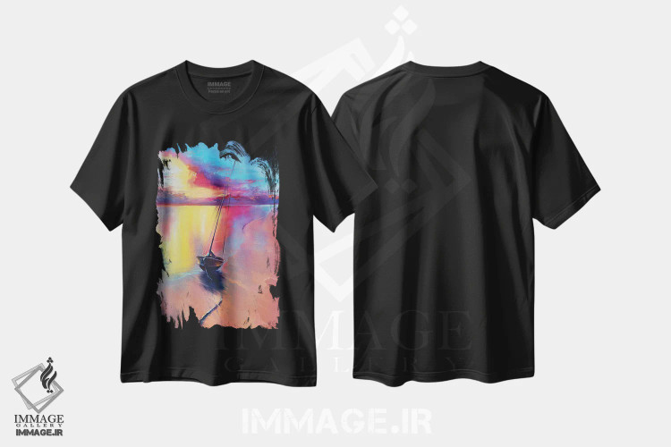 تیشرت مشکی طرح دار غروب در کنار دریا، تزئینی اثر بُژنا فوخس | فروشگاه ایماژ