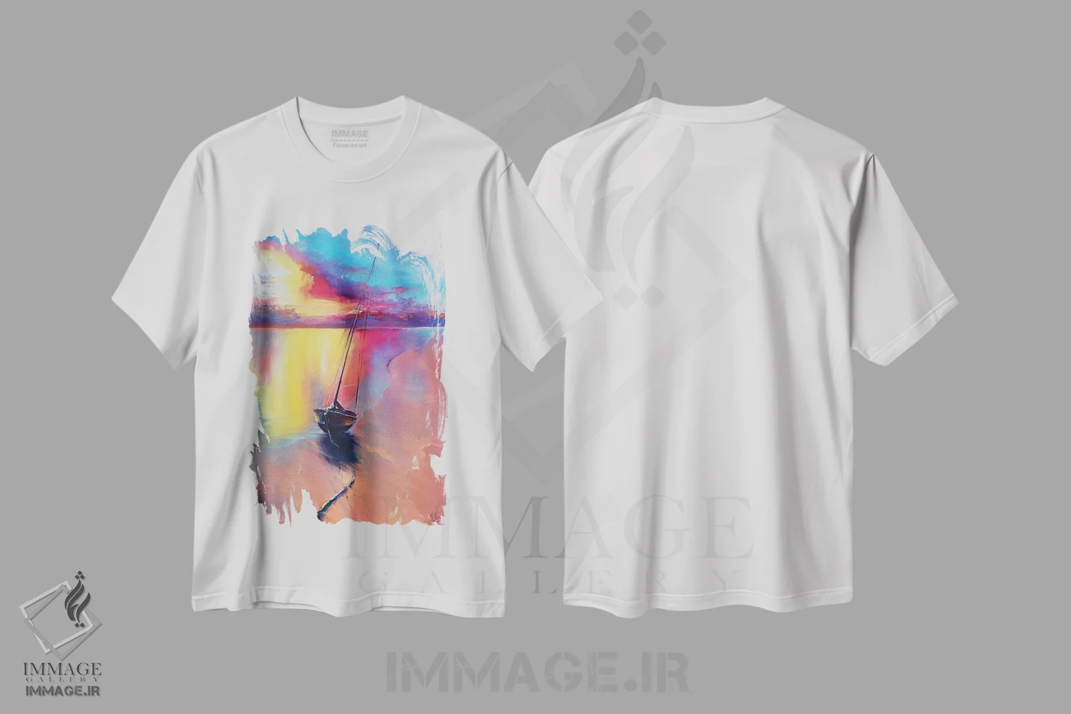 تیشرت سفید طرح دار غروب در کنار دریا، تزئینی اثر بُژنا فوخس | immage.ir