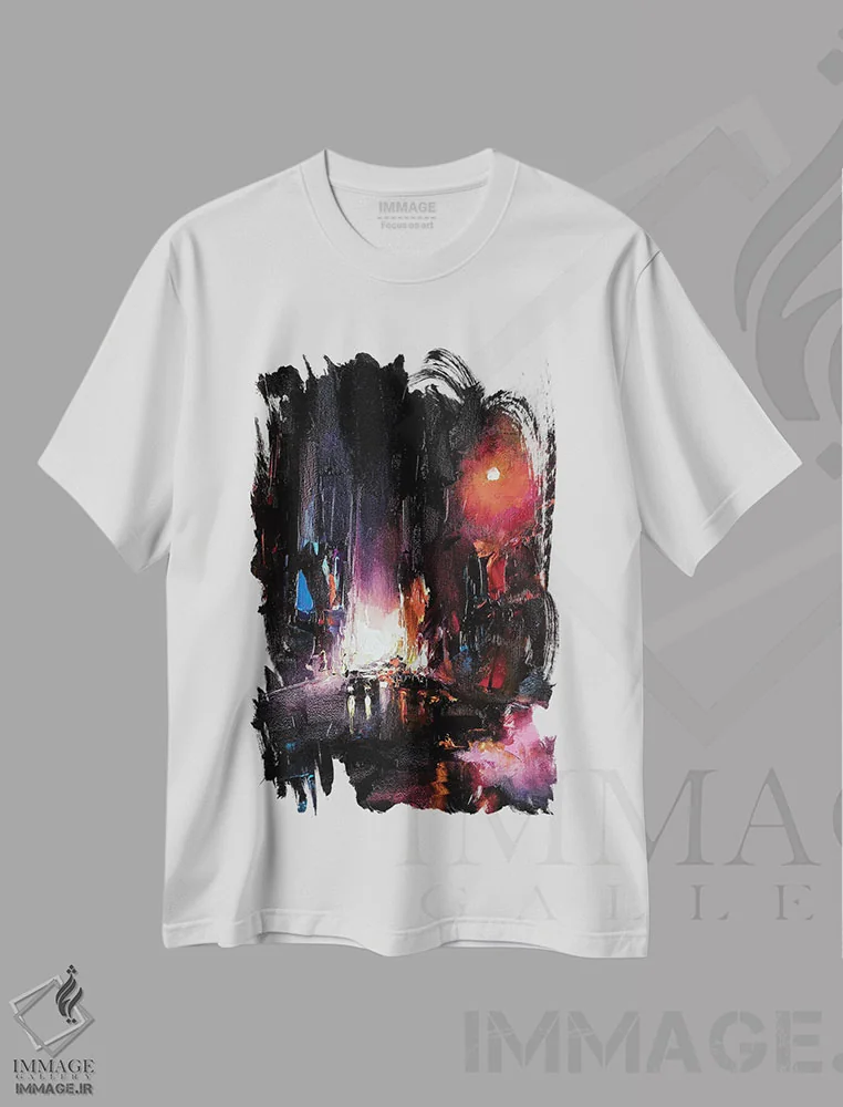 تیشرت سفید طرح دار شب قرمز شهر، هنر فاخر معاصر اثر بُژنا فوخس | فروشگاه ایماژ