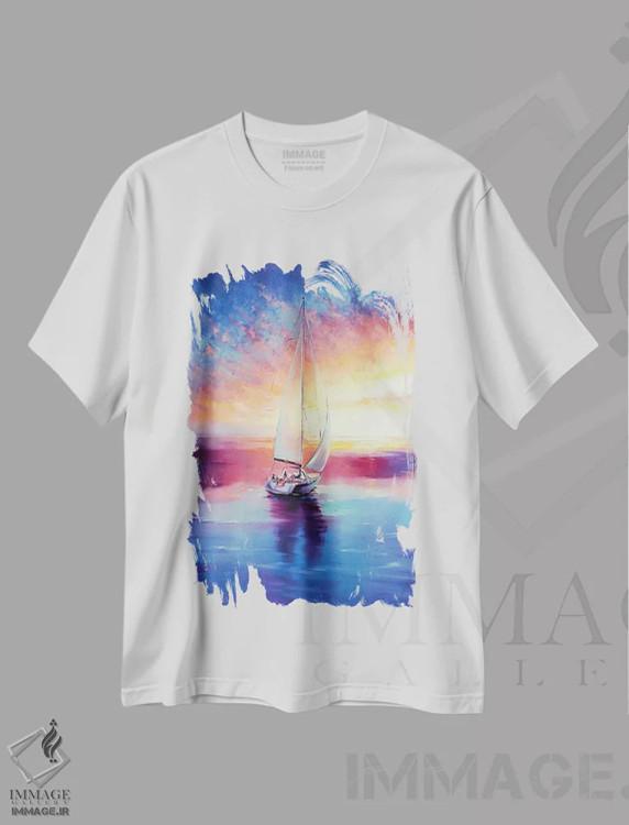 تیشرت سفید طرح دار غروب قایقرانی، هنر فاخر معاصر اثر بُژنا فوخس | فروشگاه ایماژ