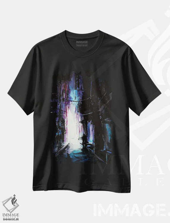 تیشرت مشکی طرح دار پیاده روی شبانه در شهر، هنر فاخر معاصر اثر بُژنا فوخس | immage.ir