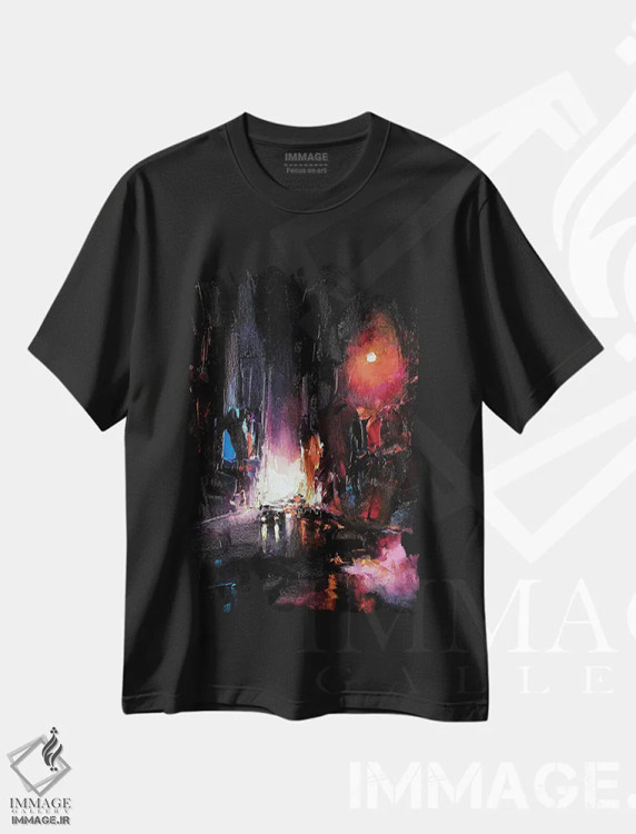 تیشرت مشکی طرح دار شب قرمز شهر، هنر فاخر معاصر اثر بُژنا فوخس | immage.ir