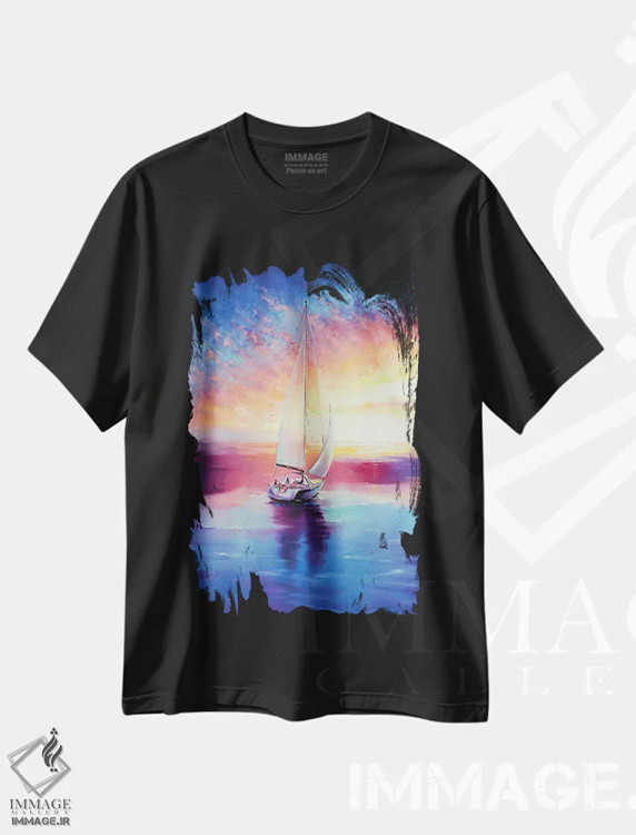 تیشرت مشکی طرح دار غروب قایقرانی، هنر فاخر معاصر اثر بُژنا فوخس | immage.ir