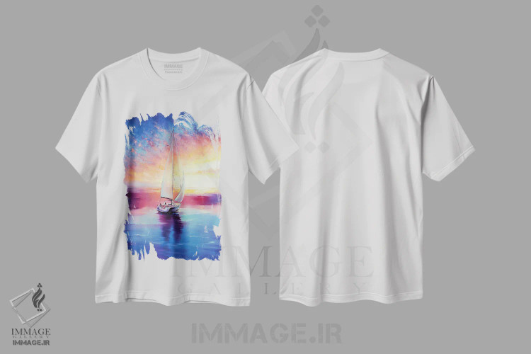 تیشرت سفید طرح دار غروب قایقرانی، هنر فاخر معاصر اثر بُژنا فوخس | فروشگاه ایماژ