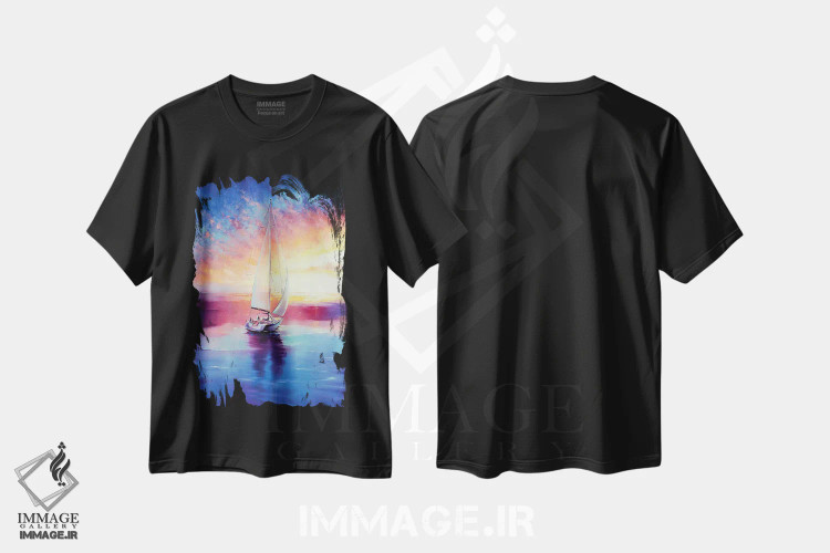 تیشرت مشکی طرح دار غروب قایقرانی، هنر فاخر معاصر اثر بُژنا فوخس | immage.ir