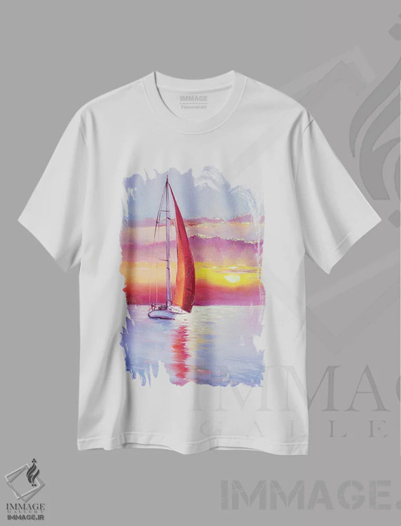 تیشرت سفید طرح دار غروب با بادبان های قرمز، هنر فاخر معاصر اثر بُژنا فوخس | immage.ir