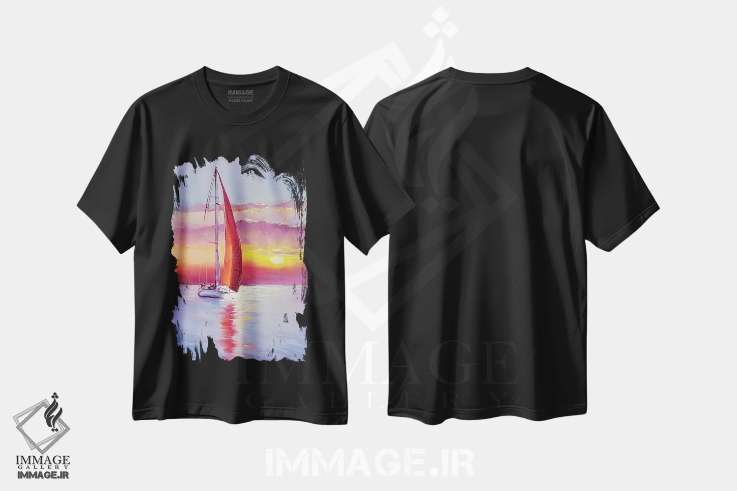 تیشرت مشکی طرح دار غروب با بادبان های قرمز، هنر فاخر معاصر اثر بُژنا فوخس | فروشگاه ایماژ