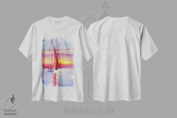 تیشرت سفید طرح دار غروب با بادبان های قرمز، هنر فاخر معاصر اثر بُژنا فوخس | immage.ir