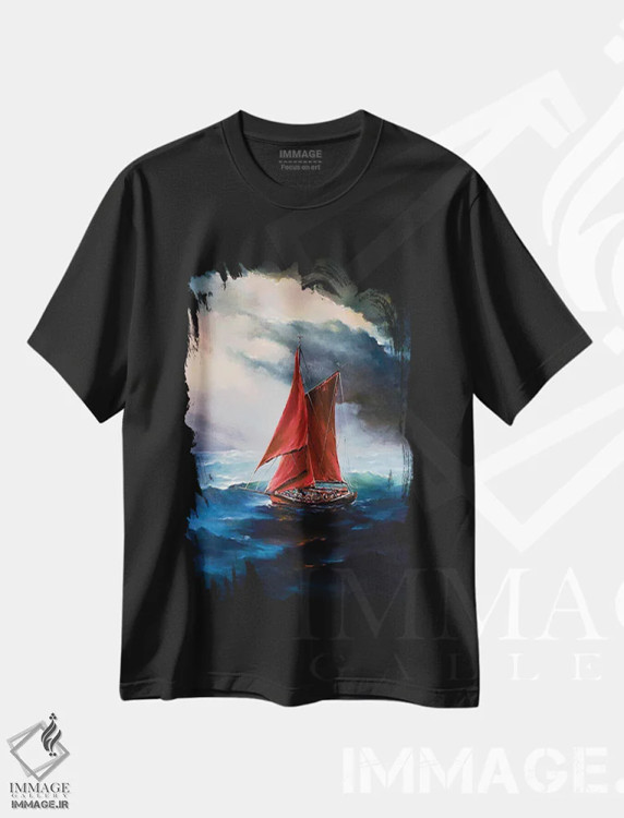 تیشرت مشکی طرح دار بادبان های قرمز، هنر فاخر معاصر اثر بُژنا فوخس | فروشگاه ایماژ