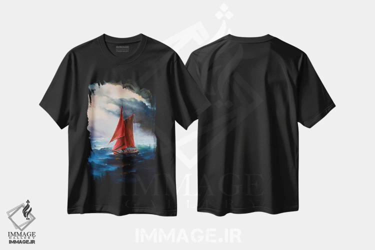 تیشرت مشکی طرح دار بادبان های قرمز، هنر فاخر معاصر اثر بُژنا فوخس | فروشگاه ایماژ