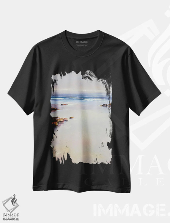 تیشرت مشکی طرح دار صبح آرام در ساحل، دکور ساحلی اثر بُژنا فوخس | فروشگاه ایماژ