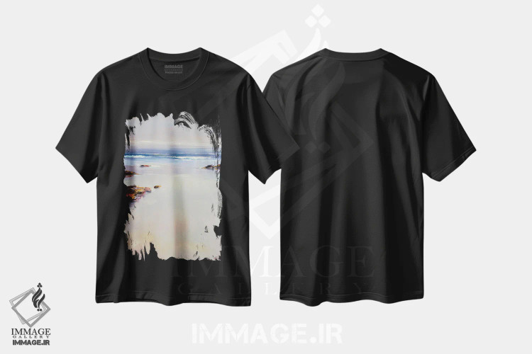 تیشرت مشکی طرح دار صبح آرام در ساحل، دکور ساحلی اثر بُژنا فوخس | فروشگاه ایماژ