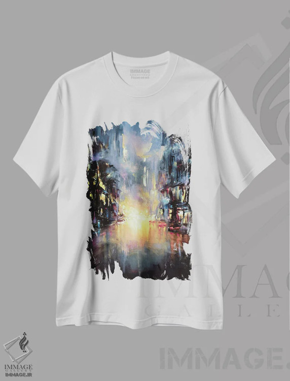 تیشرت سفید طرح دار چراغ های شبانگاهی شهر، هنر فاخر معاصر اثر بُژنا فوخس | فروشگاه ایماژ